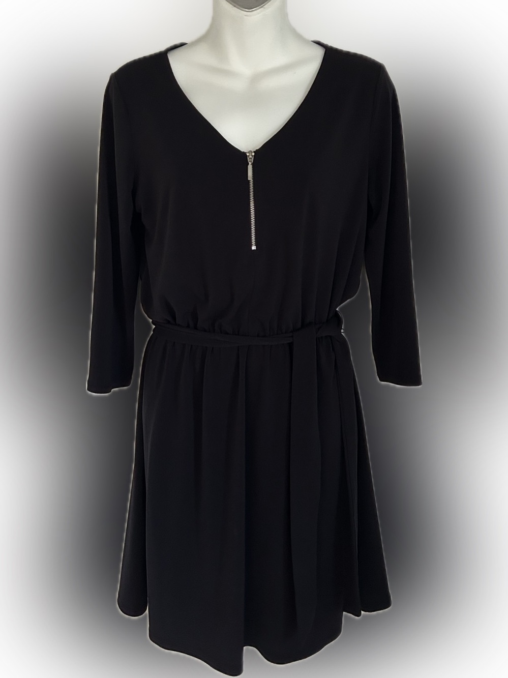 Maurices Black V-Neck Belted Long Sleeve Dress with Front Zip